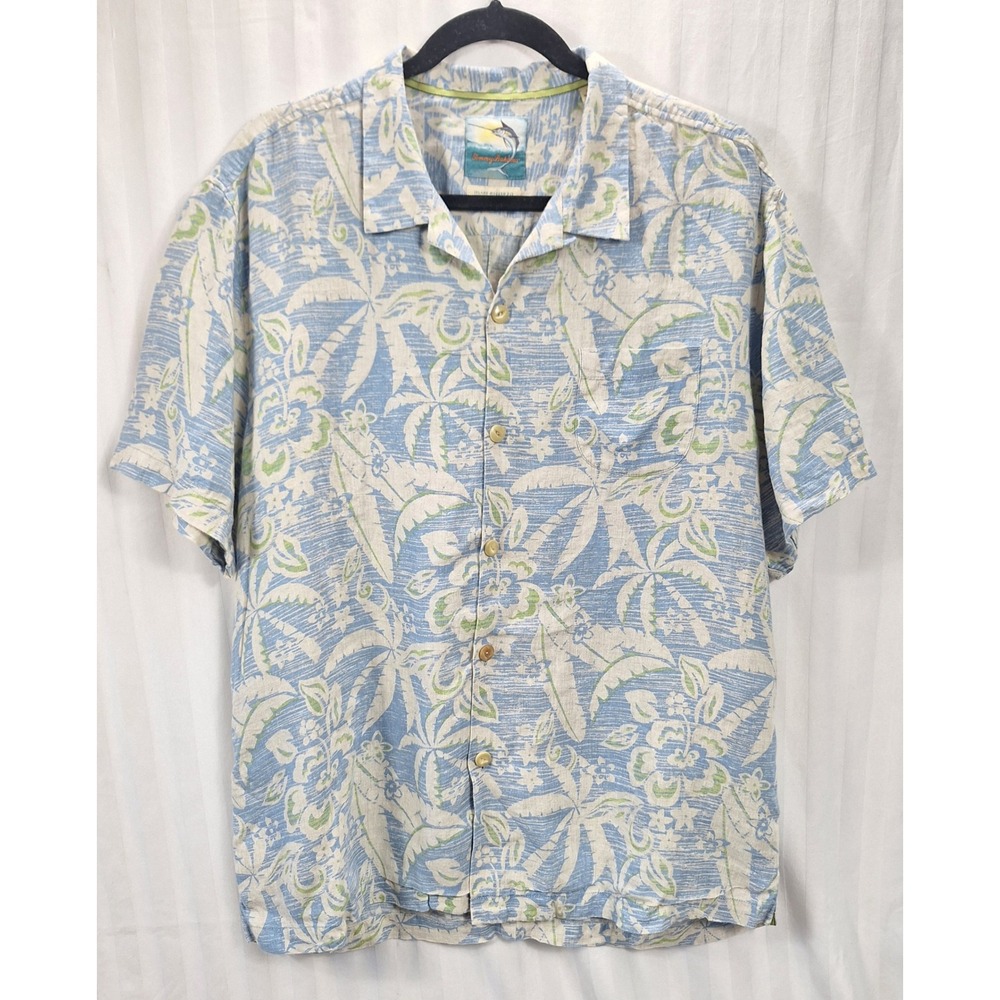 Tommy Bahama Mens XL‎ Linen Tropical Floral Palm Print Button Down Shirt Blue